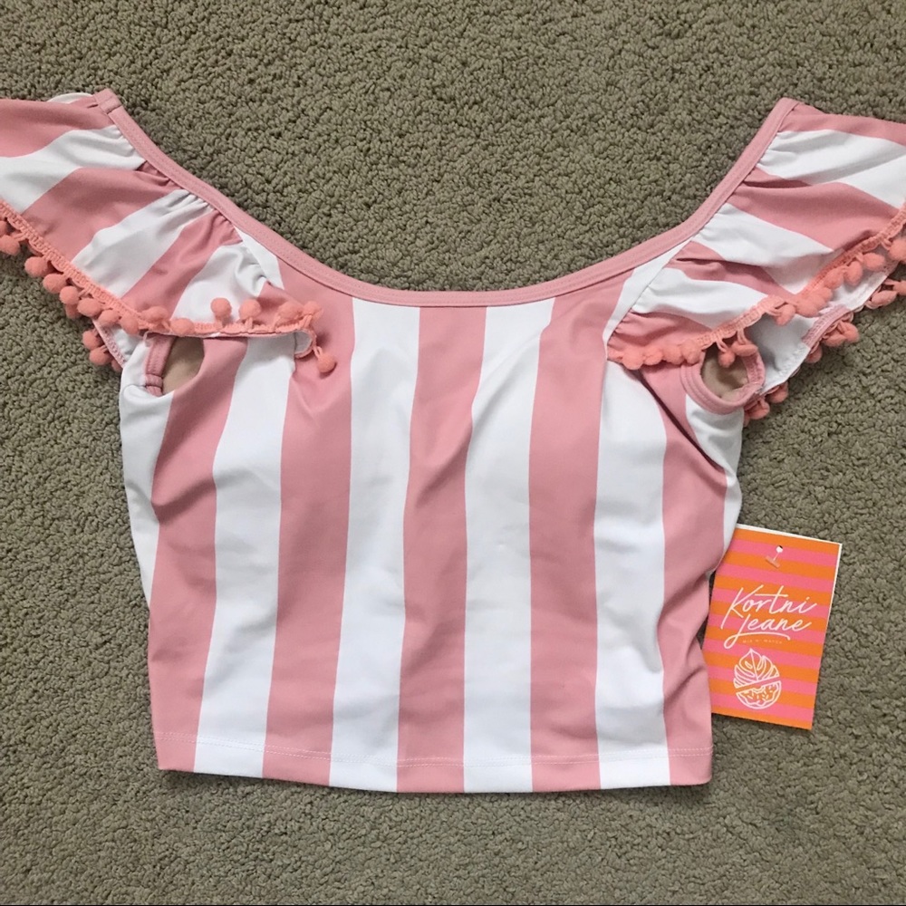 Kortni Jeane Flounce top in pink + white stripe